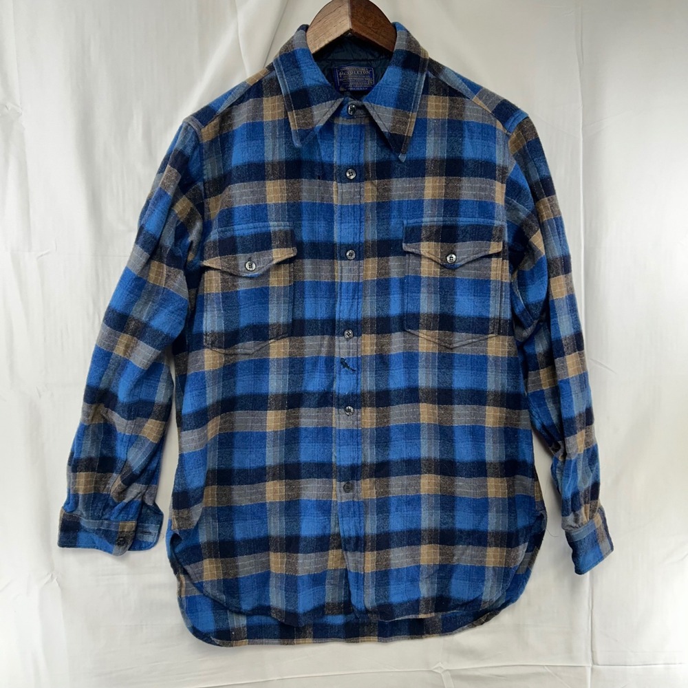 Pendleton Flannel Shirt Men 16 Blue Brown Plaid Virgin Wool Made USA Vtg 70s 80s